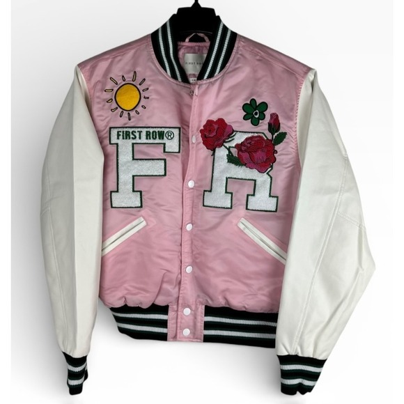 First Row Easy Hours Varsity Letter Contrast Patch Bomber Jacket Snap Pink Small - Picture 4 of 16